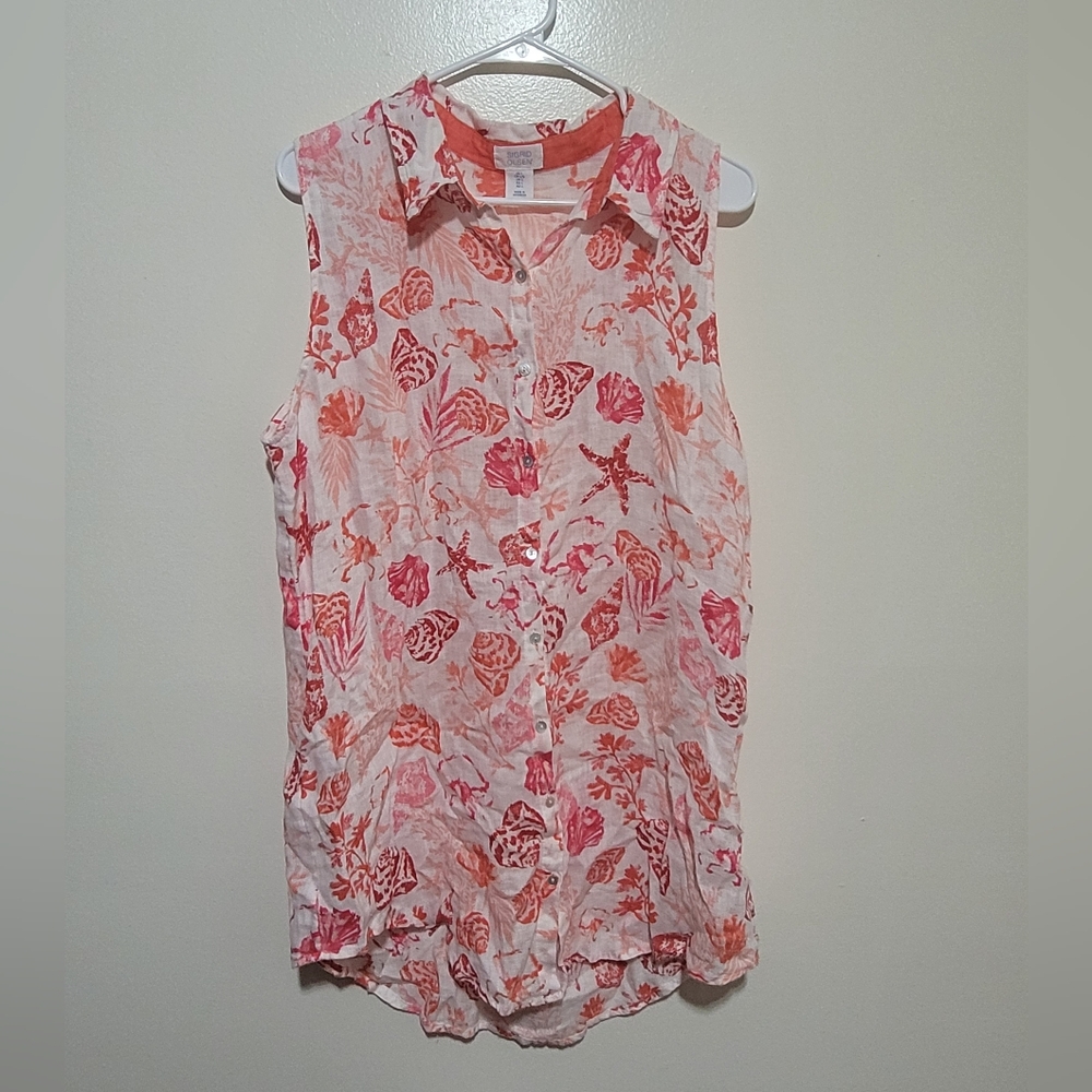 Sigrid Olsen Coral and White Floral Linen Sleeveless‎ Blouse